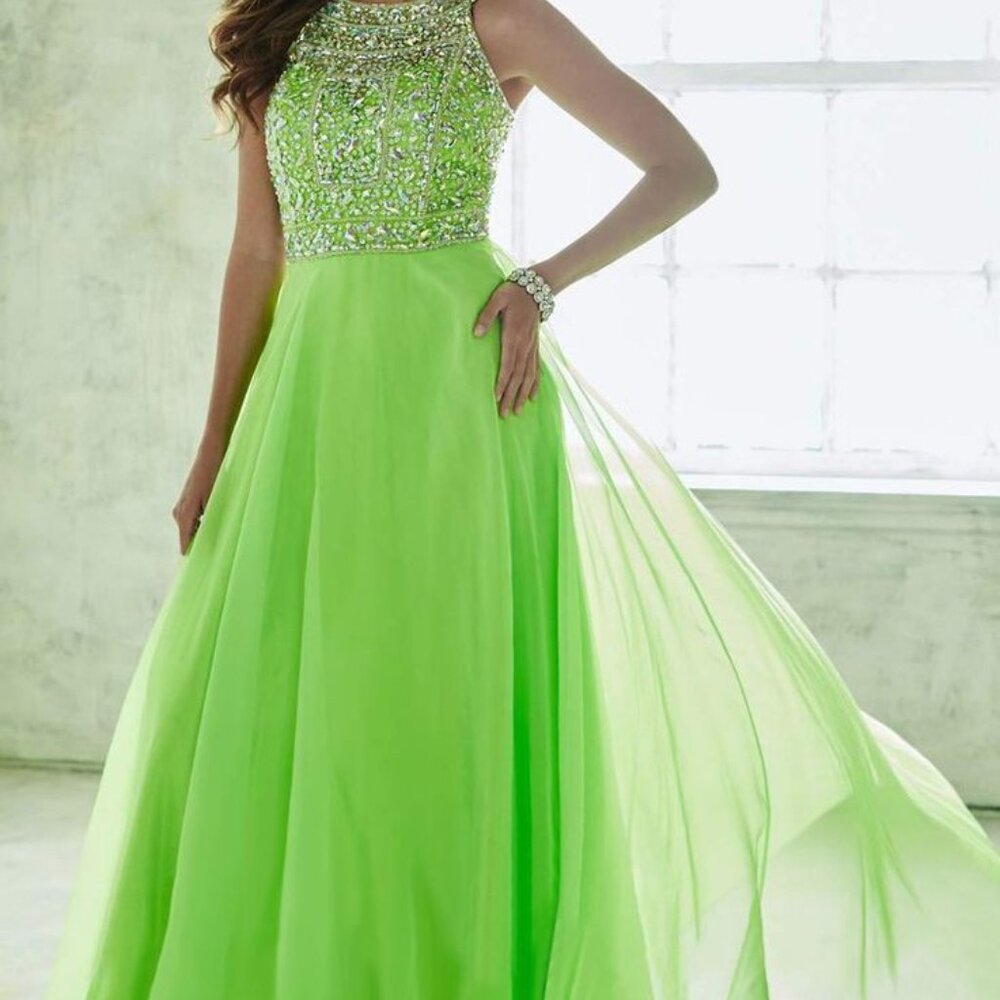 Tiffany Designs lime green prom dress
